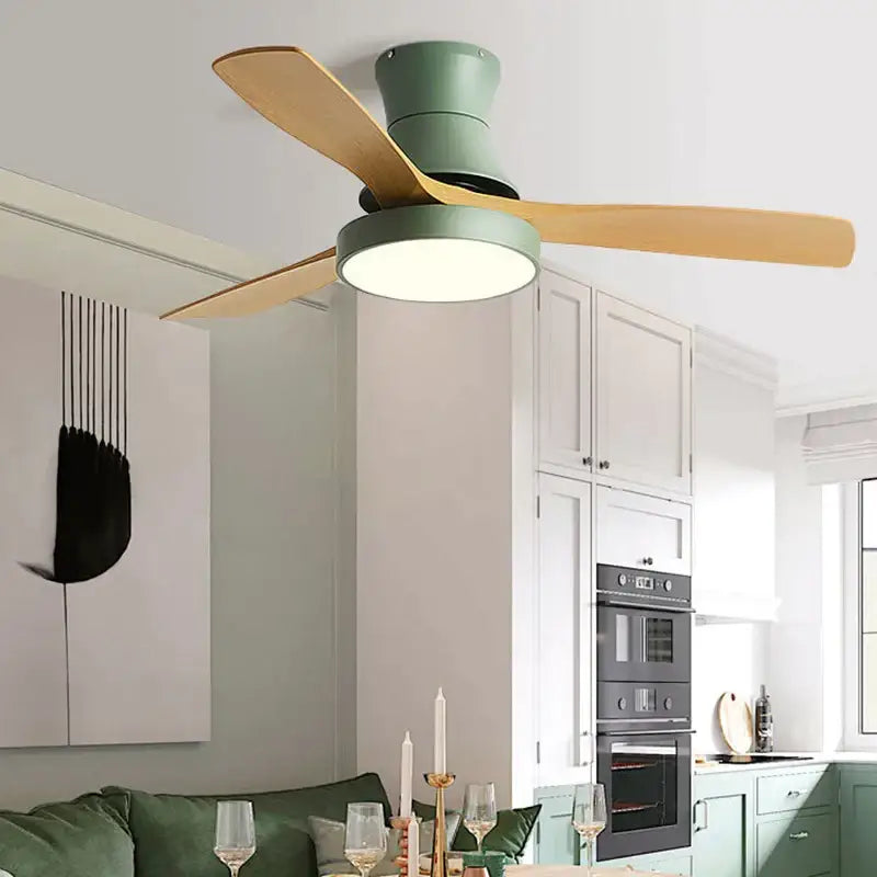 Modern green and wood decorbites low profile ceiling fan with integrated light and black ABS blades for indoor use