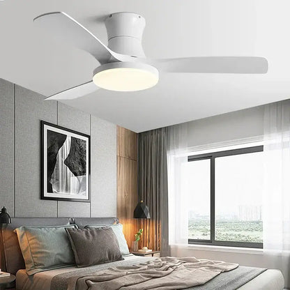 White decorbites low profile ceiling fan with integrated led light, black abs blades, and remote control
