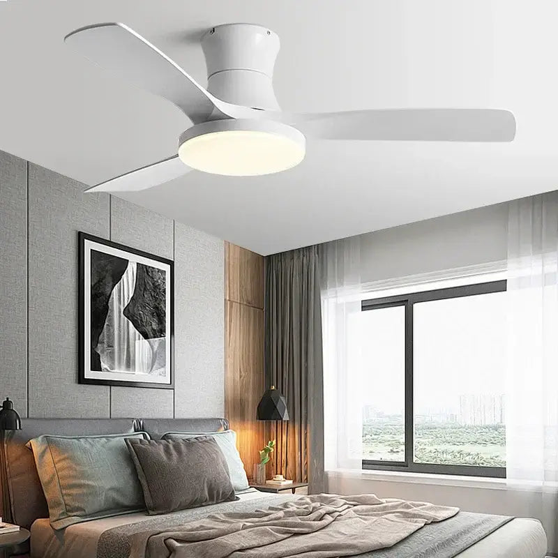 White decorbites low profile ceiling fan with integrated led light, black abs blades, and remote control