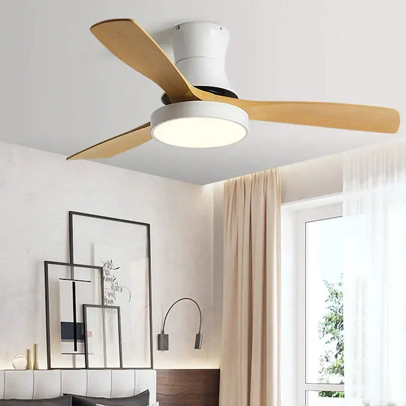 Modern ceiling fan with three light wooden blades and white housing with integrated led light decorbites low profile ceiling fan