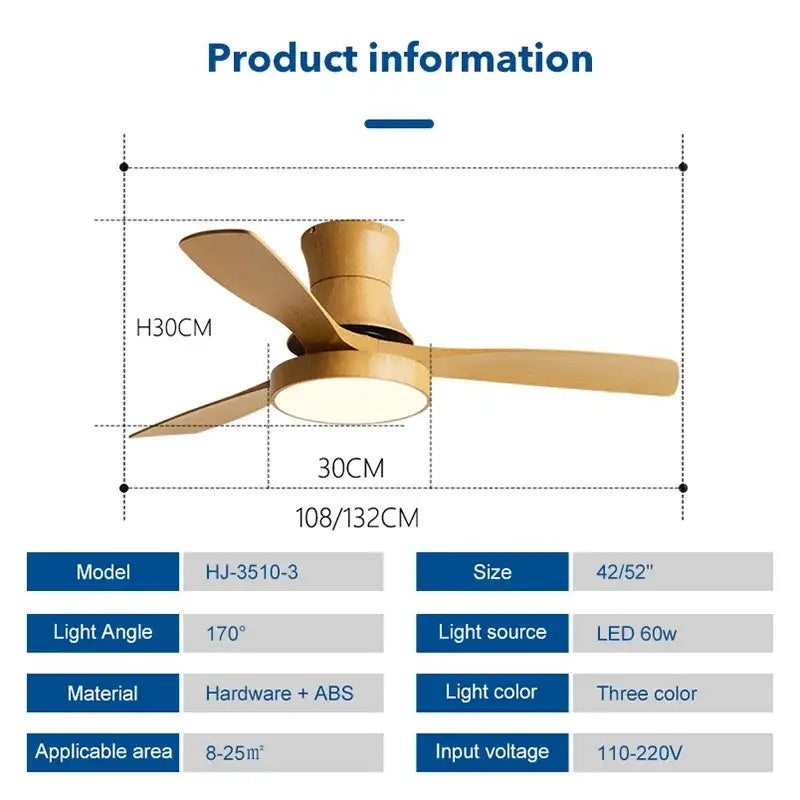 Modern wooden ceiling fan with three light-colored blades and central led lighting in decorbites low profile ceiling fan