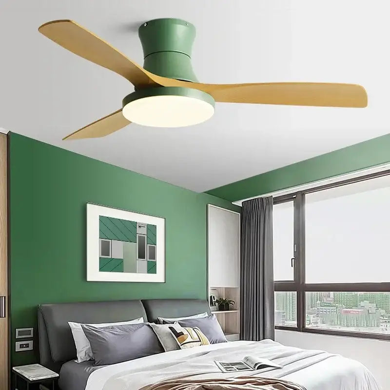 Modern green and wood-toned decorbites low profile ceiling fan with integrated lighting for indoor use