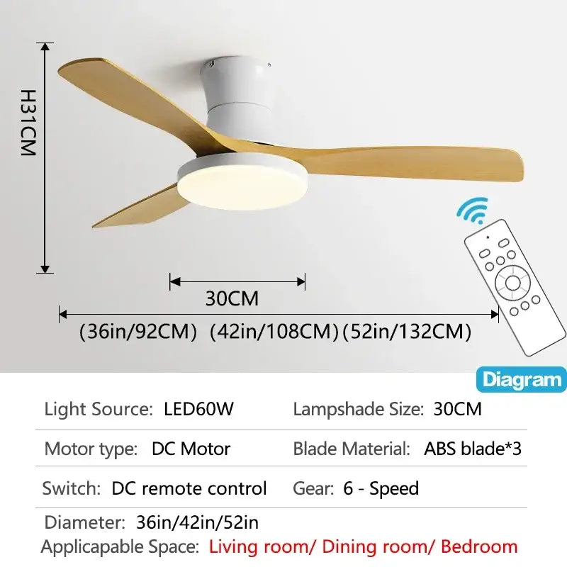 Modern ceiling fan with three light wooden blades and white housing featuring integrated led lamp by decorbites low profile