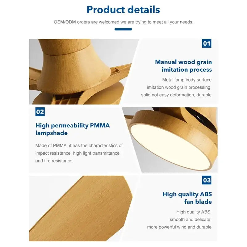 DecorBites low profile ceiling fan with black ABS blades metal body wood grain imitation and translucent PMMA lampshade for indoor use
