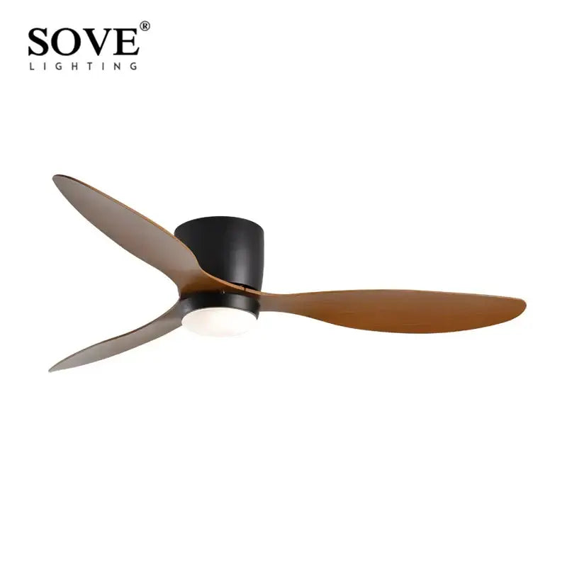 Sove lighting decorbites low profile ceiling fan with remote control features three matte black and warm brown wooden blades