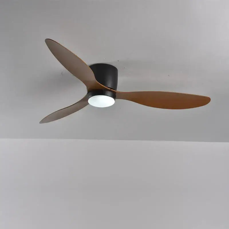 Modern decorbites low profile ceiling fan with remote control featuring three matte wooden blades and integrated light fixture