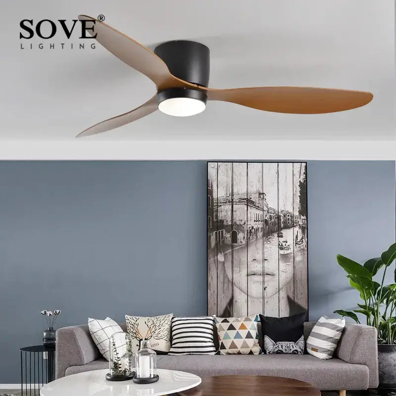 Decorbites low profile ceiling fan with remote control featuring three wooden blades and black central housing for indoor outdoor use