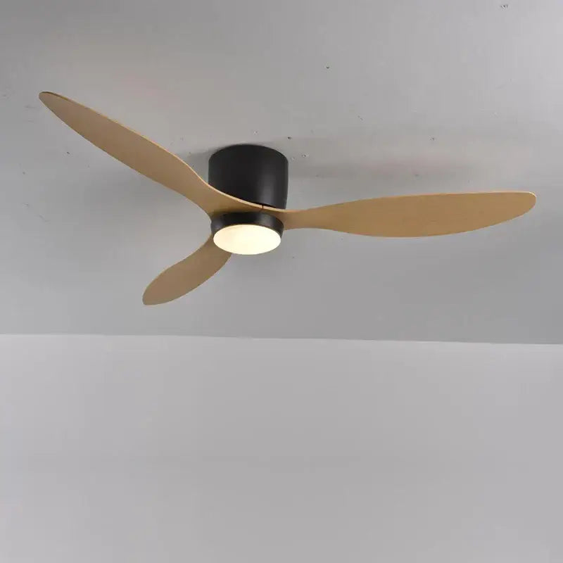 Modern decorbites low profile ceiling fan with light featuring three light wood blades black housing and remote control