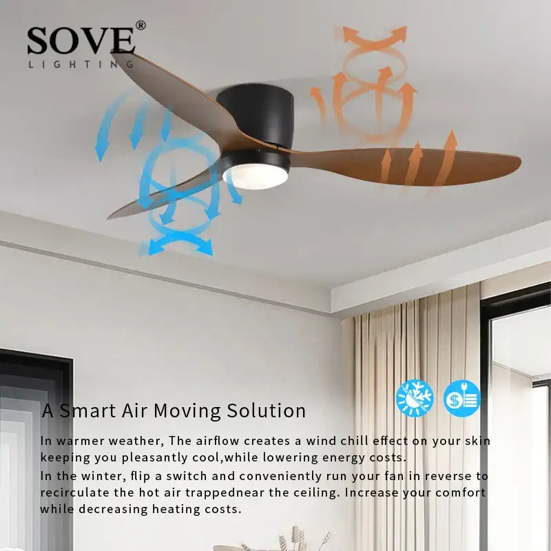 Decorbites low profile ceiling fan with remote control featuring three wooden blades and black housing for indoor outdoor use