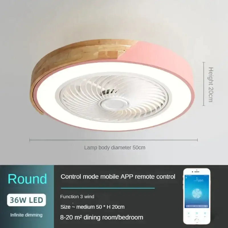 Decorbites low profile wood ceiling fan with remote control featuring round design wood ring and soft pink trim LED light