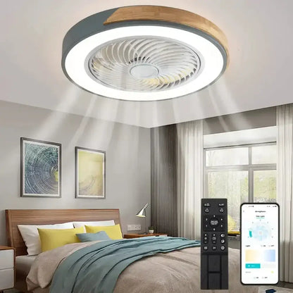 Modern circular decorbites low profile ceiling fan with remote control featuring gray and wood accents and integrated led light
