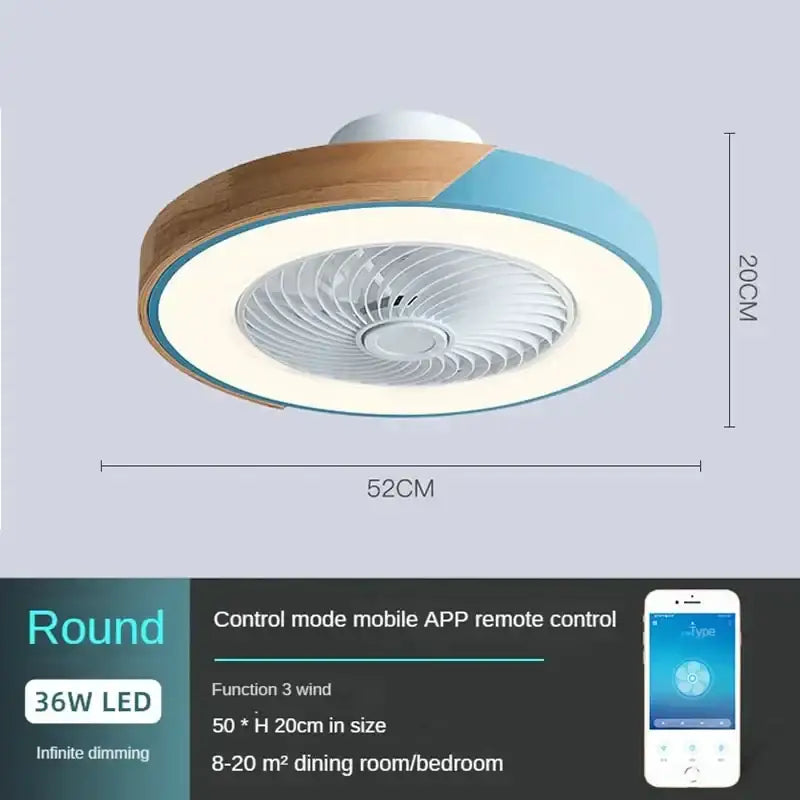 Decorbites low profile ceiling fan with remote control featuring wood-grain and blue LED light ring design