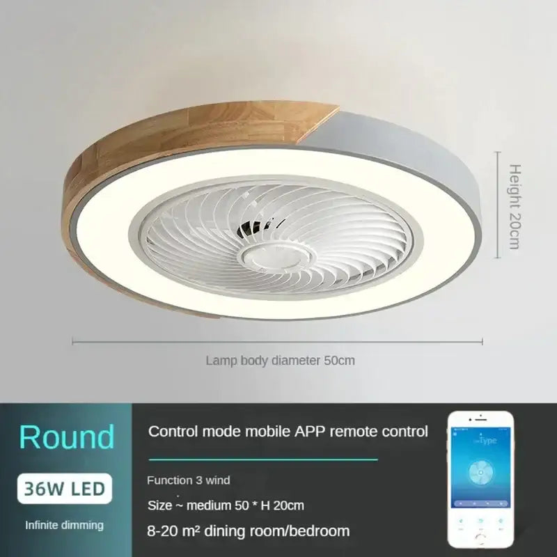 Modern round decorbites low profile ceiling fan with remote control features wood grain ring and white blades with led lighting