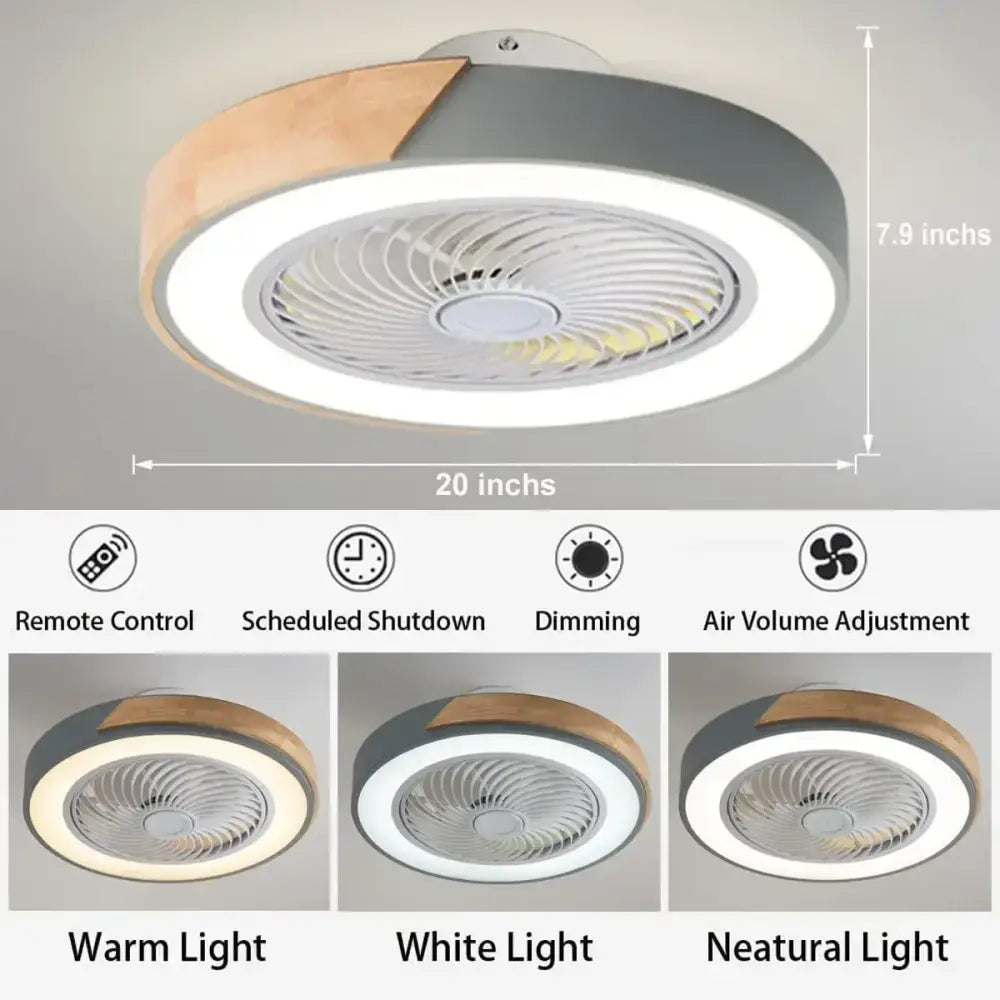 Modern decorbites low profile ceiling fan with remote control LED light in gray and light wood finish for indoor use