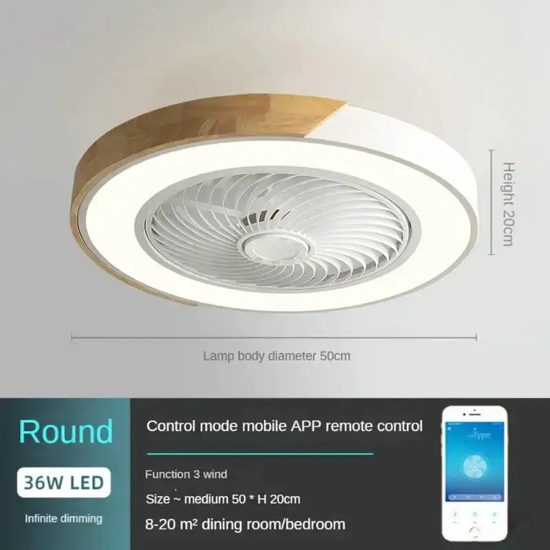 Modern round decorbites low profile ceiling fan with remote control led light in white and light wood finish for indoor use