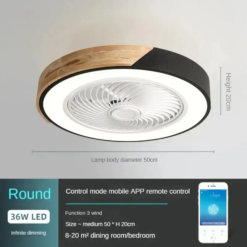 Modern round decorbites low profile ceiling fan with remote control featuring black and light wood finish and led lighting