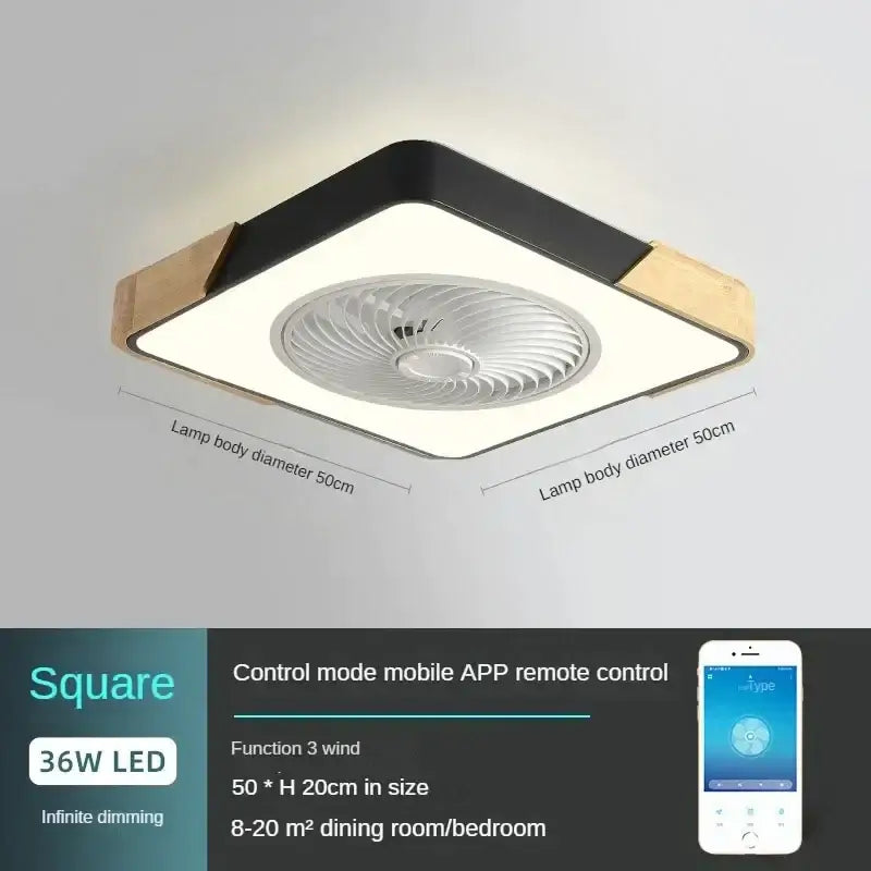 Modern decorbites low profile ceiling fan with remote control features a black and wood frame with white led panel
