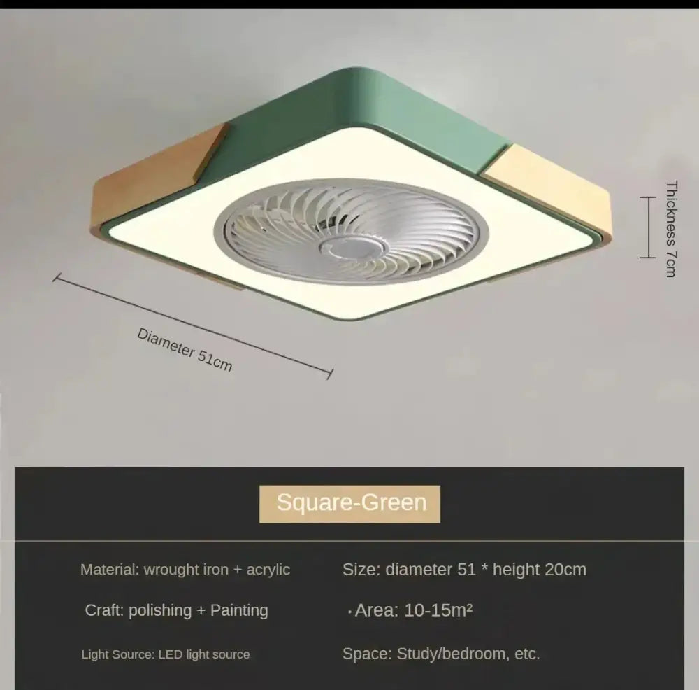 DecorBites low profile square green ceiling fan light with remote control made of wrought iron and acrylic for indoor use