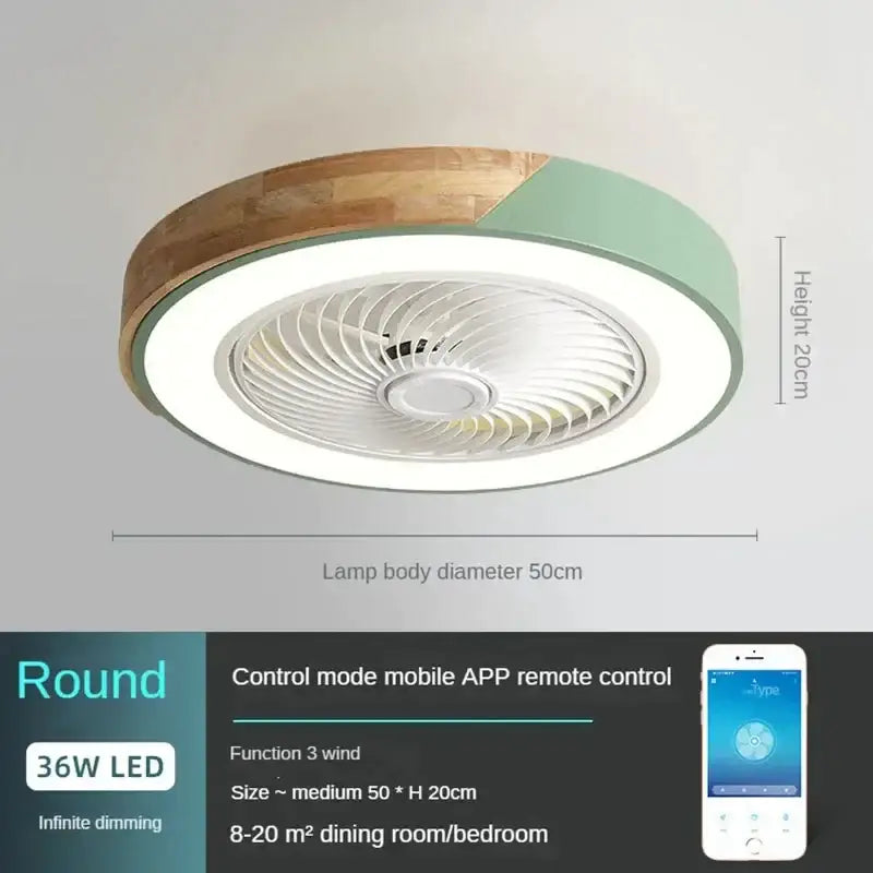 Round wooden and mint green decorbites low profile ceiling fan with integrated led lighting and remote control