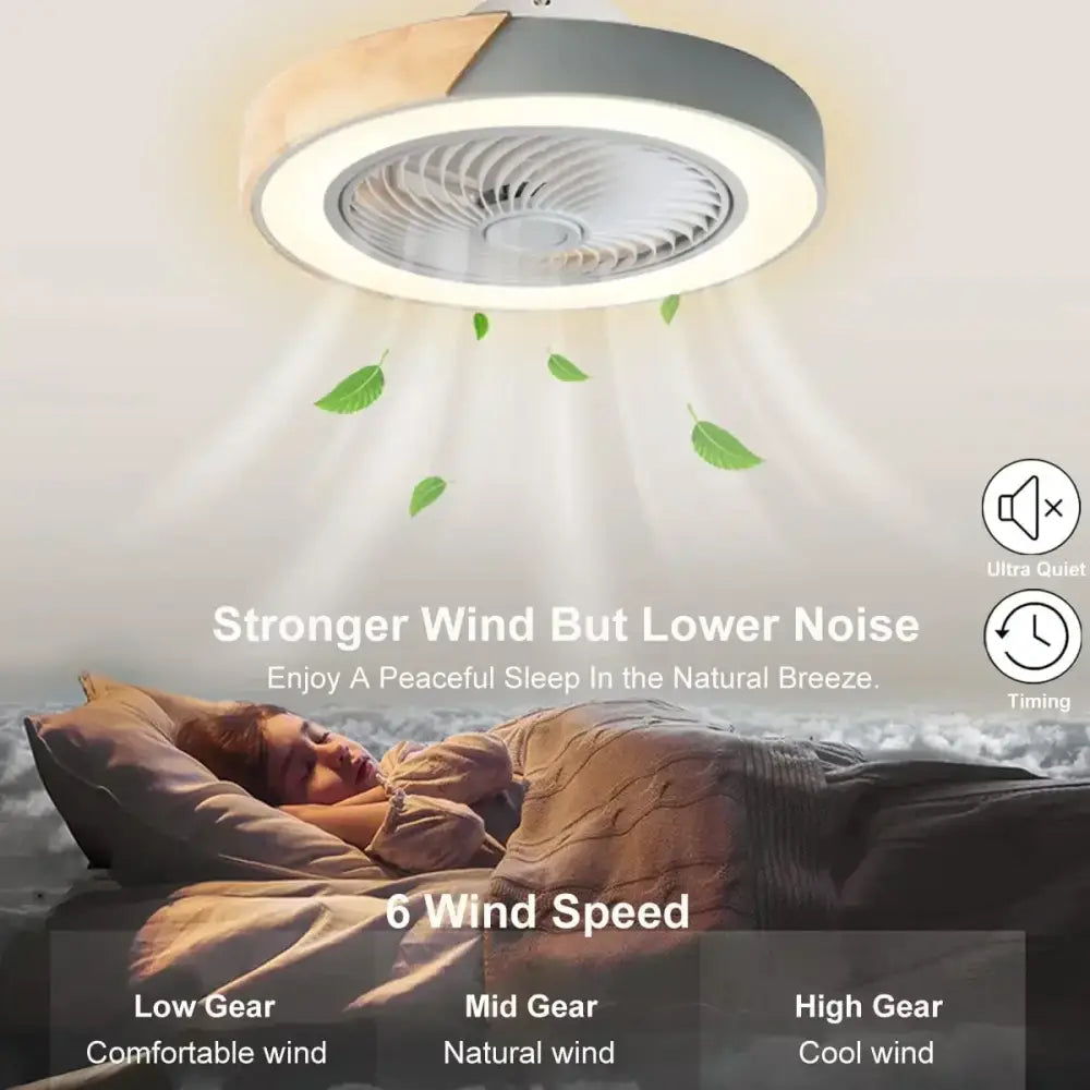 Modern circular decorbites low profile ceiling fan with remote control featuring gray wood finish and integrated led light