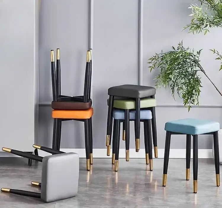 Modern decorbites low square stool bench with gold-tipped legs and multicolor upholstered seats for dining and kitchen use