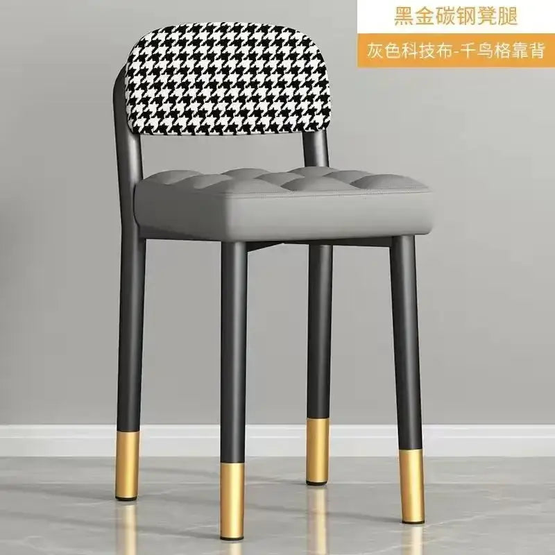 Decorbites low square stool bench with black and white houndstooth backrest gray tufted tech fabric seat and black steel legs