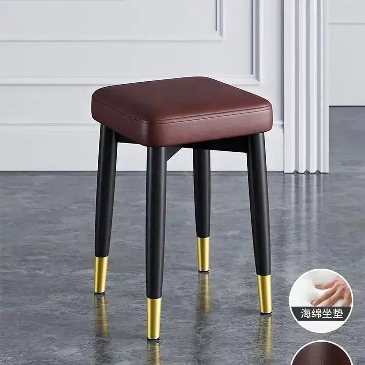 DecorBites low square stool bench brown leatherette with black legs and gold-tipped feet for dining and kitchen use