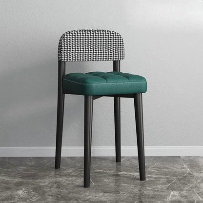 Decorbites low square stool bench with emerald green tufted seat and black and white houndstooth backrest