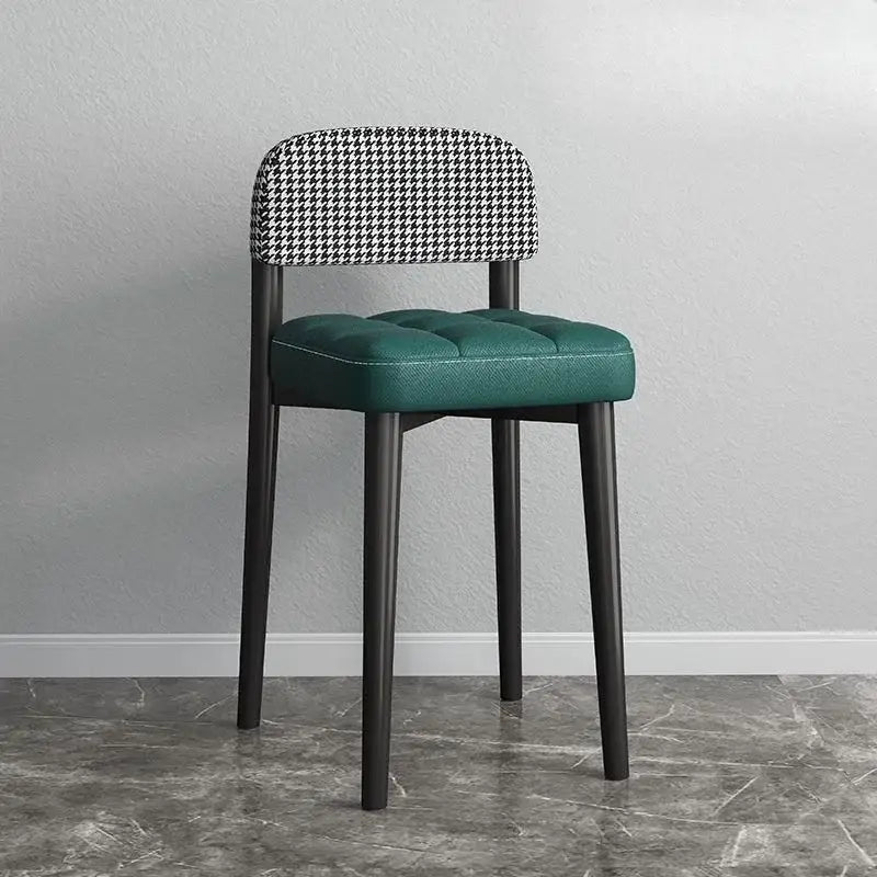 Decorbites low square stool bench with emerald green tufted seat and black and white houndstooth backrest