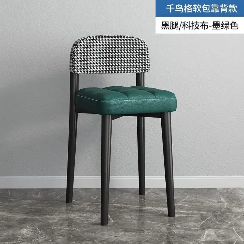 Decorbites low square stool bench with black and white houndstooth backrest and tufted dark green tech fabric seat
