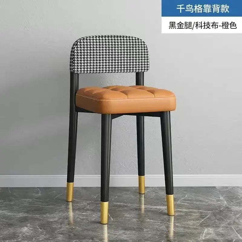 Decorbites low square stool bench with black and white houndstooth backrest tan leather seat and gold capped legs
