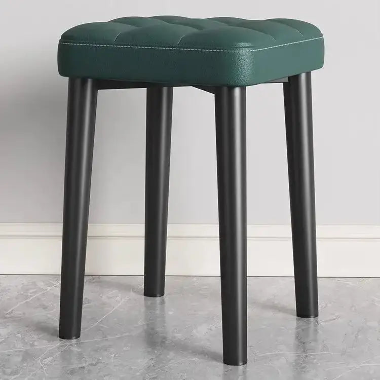 Dark green tufted leather decorbites low square stool bench with black metal legs for dining and kitchen use