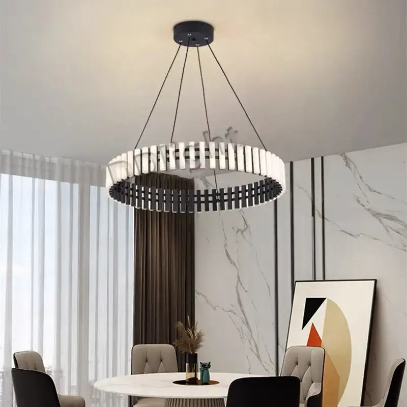 Modern black and white circular pendant light with sleek minimalist design for living room by decorbites lstre modern circle chandelier