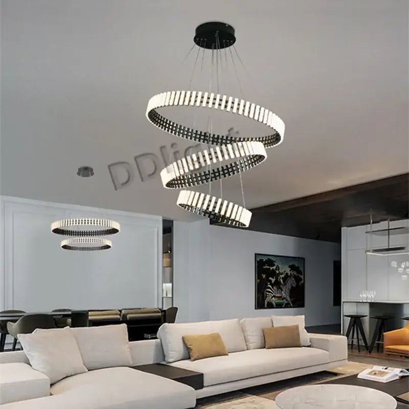Decorbites lstre modern circle chandelier with three interlocking black and white striped led rings for bright 360 lighting