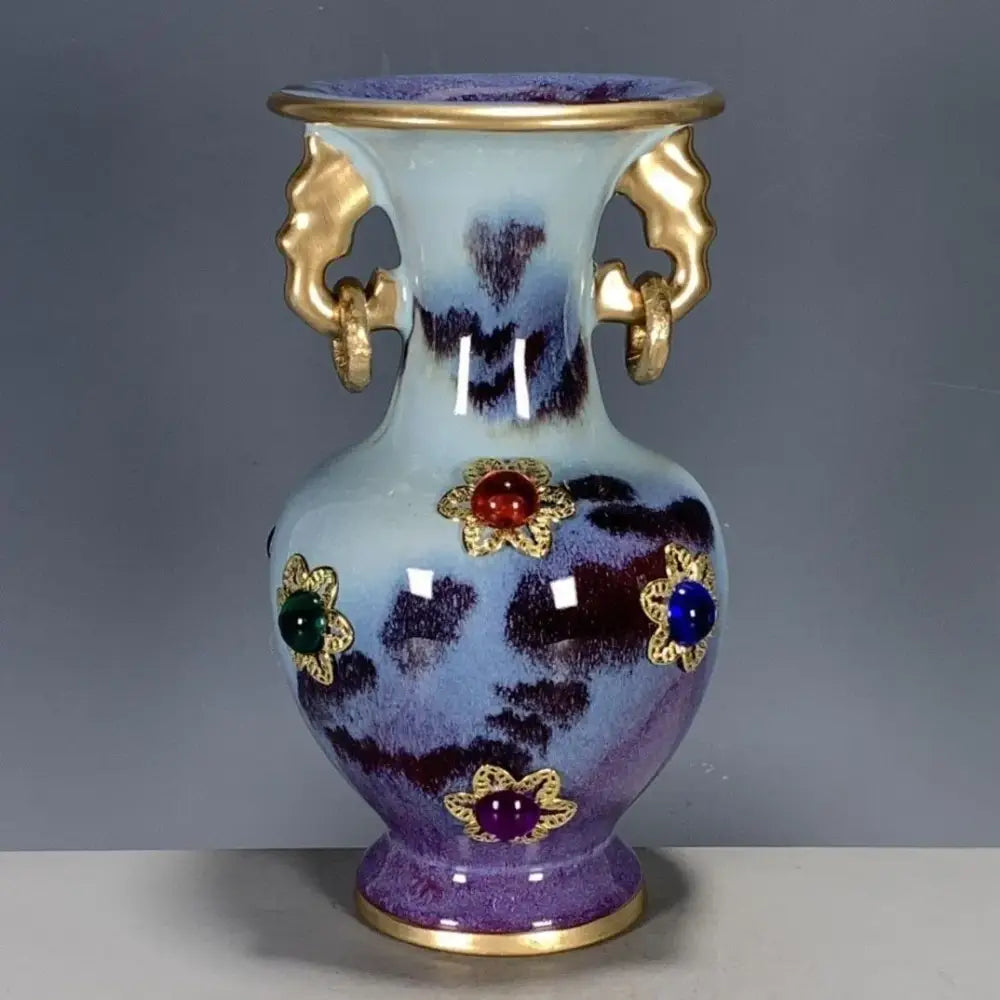 Decorbites lu qinzhai jun porcelain bottle ornaments featuring a gradient blue purple glaze with gemstone floral motifs