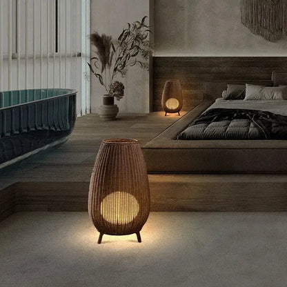 Decorbites lucide colin woven rattan floor lamp with warm glowing circular light for garden bedroom living room use