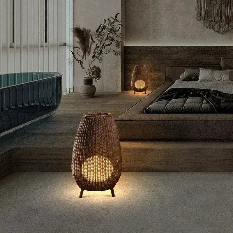 Decorbites lucide colin woven rattan floor lamp with warm glowing circular light for garden bedroom living room use