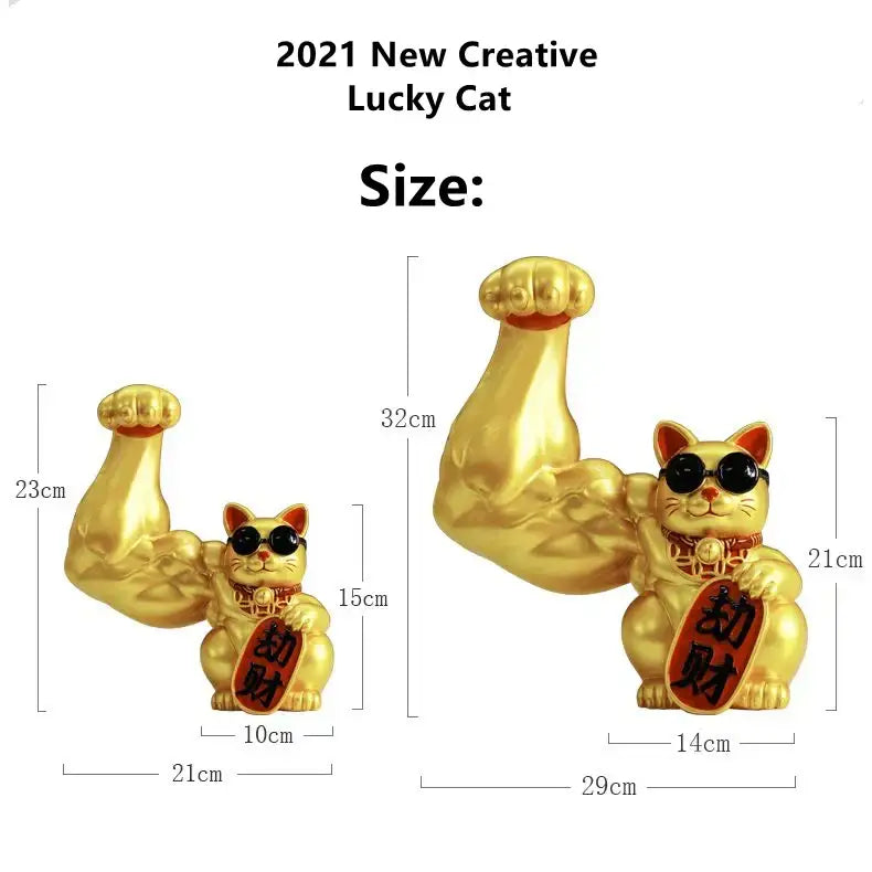 Decorbites lucky cat figurine with golden muscular arms, sunglasses, and red 招财 signs for home and office decor