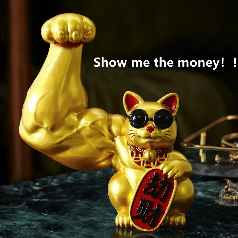 Golden muscular decorbites lucky cat figurine with sunglasses and red 招财 plaque for home office shop decor