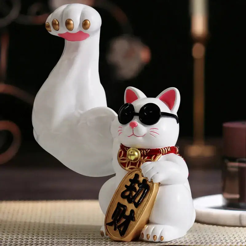 White ceramic DecorBites lucky cat figurine with black sunglasses, gold accents, and red collar Feng Shui decor