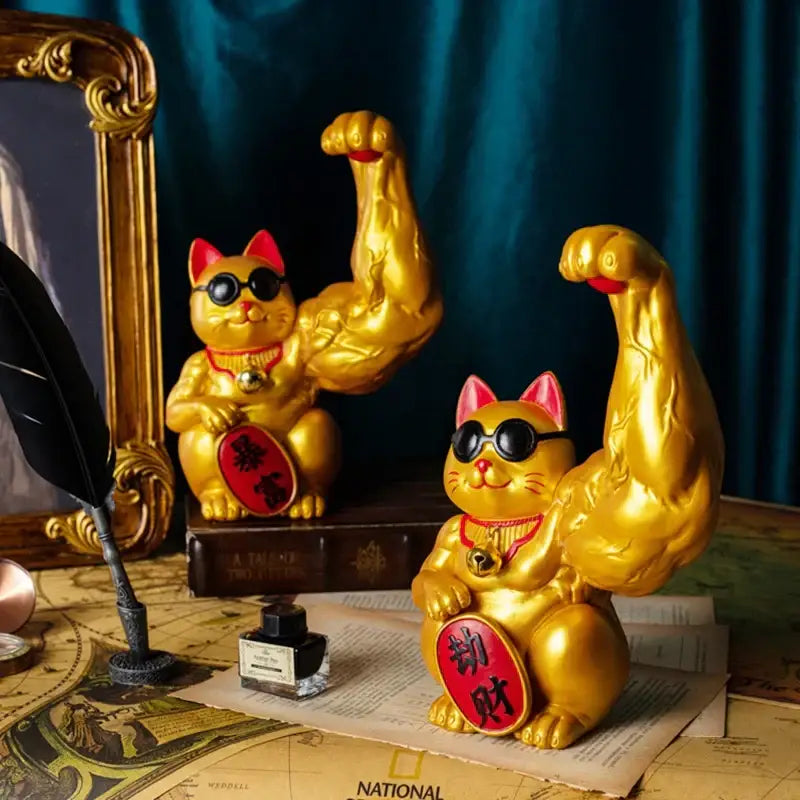 Golden muscular decorbites lucky cat figurine with sunglasses and red chinese character plaque for home and office decor