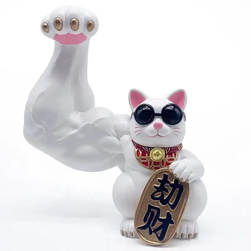 White ceramic decorbites lucky cat figurine with black sunglasses pink ears and red gold collar holding plaque