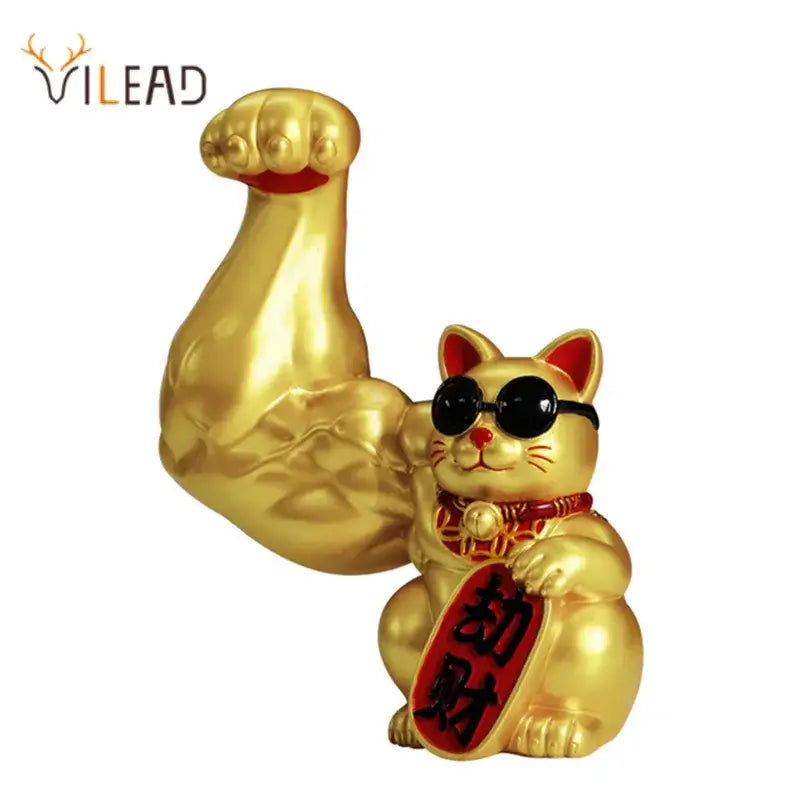 Golden decorbites lucky cat figurine with sunglasses and flexed arm holding red plaque for home and office decor