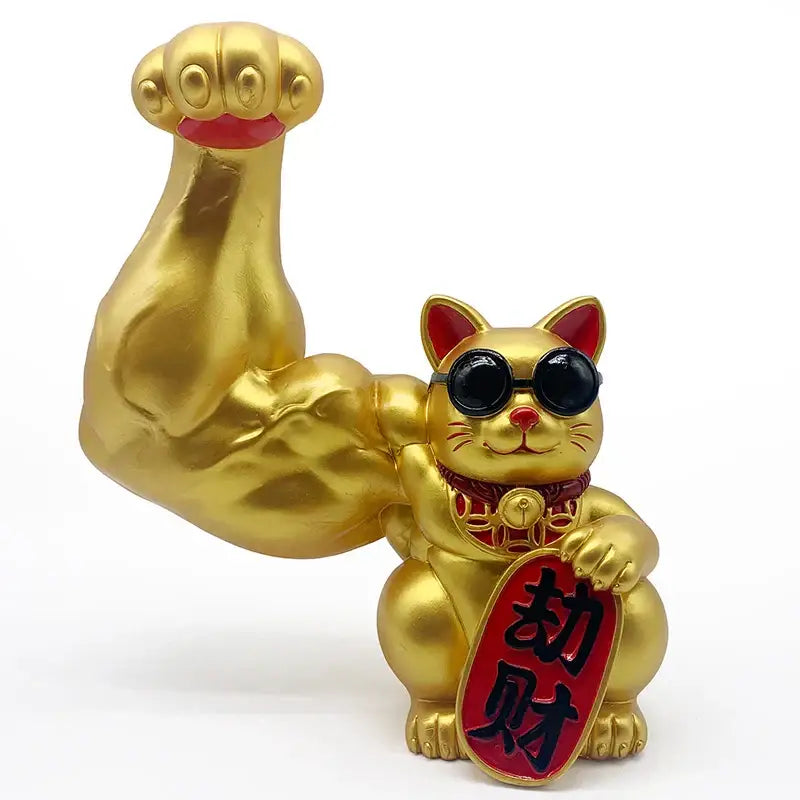 Golden decorbites lucky cat figurine with sunglasses flexing muscle arm holding red plaque ideal for feng shui decor