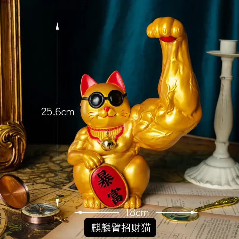 Golden muscular lucky cat figurine with red ears sunglasses and bell collar by decorbites lucky for home decor