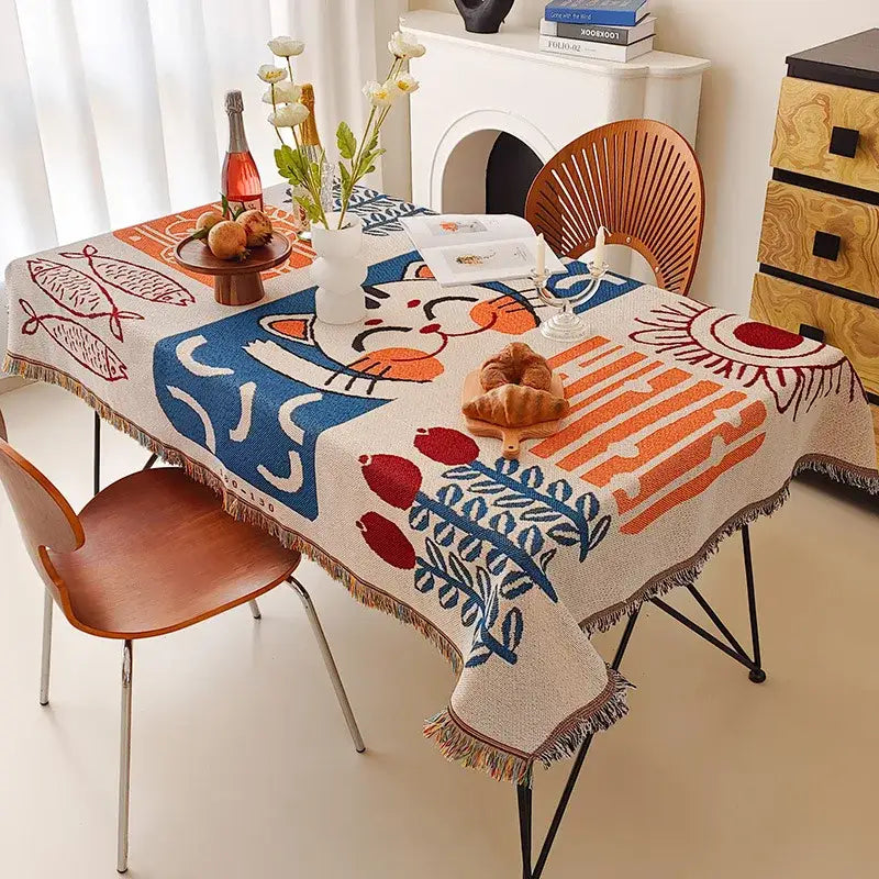 DecorBites™ lucky cat knitted blanket in cream with bold blue orange cat design and fringe edges for cozy decor