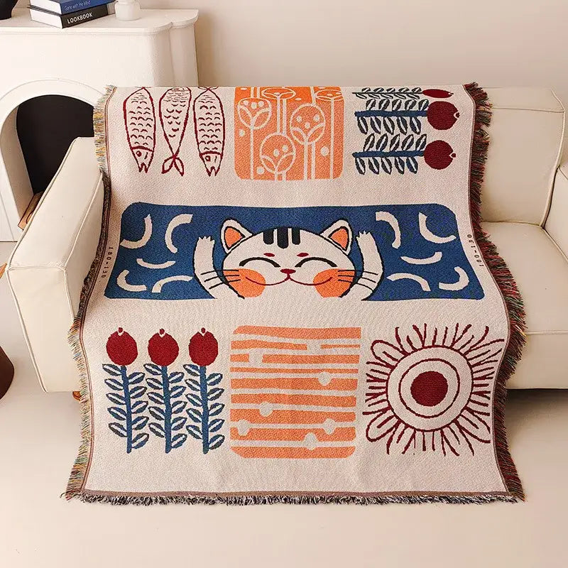 Cozy cream knitted blanket by DecorBites featuring a lucky cat design with colorful fish and sun patterns