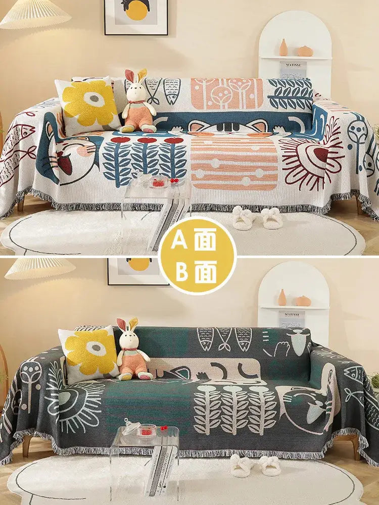 Cozy two-sided decorbites lucky cat knitted blanket with pastel animal and botanical patterns and dark green reverse side