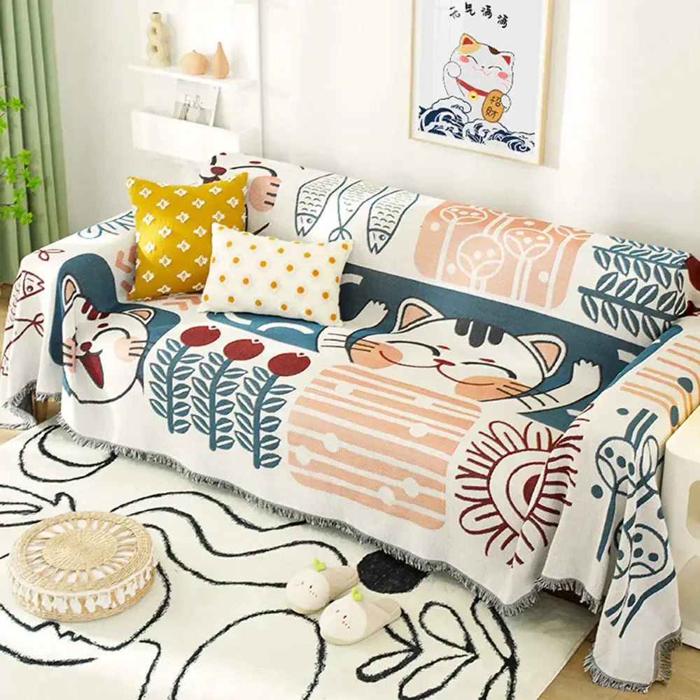 Cozy white decorbites lucky cat knitted blanket with playful pastel cats fish and botanical motifs in peach teal and mustard