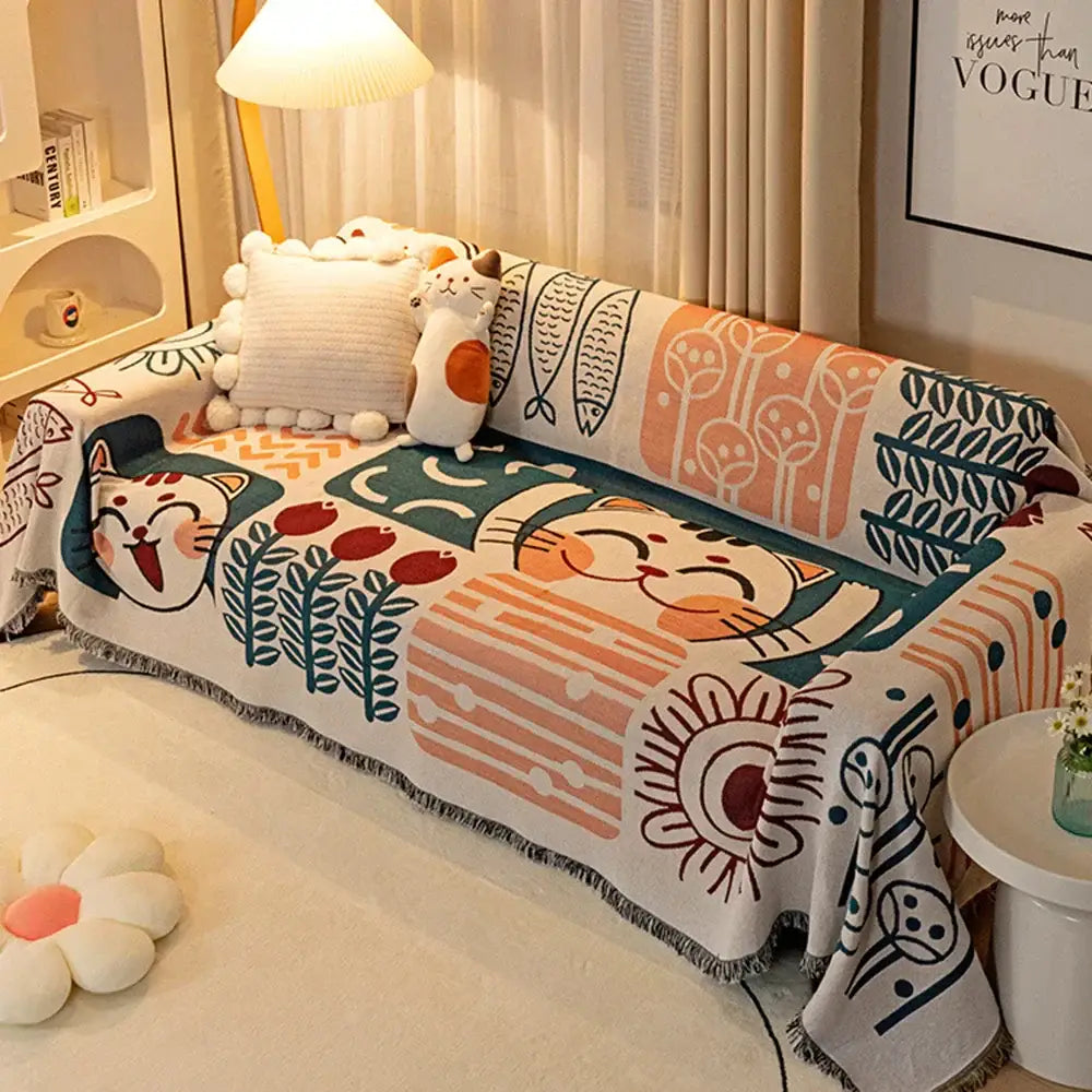 Cute cartoon lucky cat knitted blanket by decorbites with fringed edges and soft cozy woven texture
